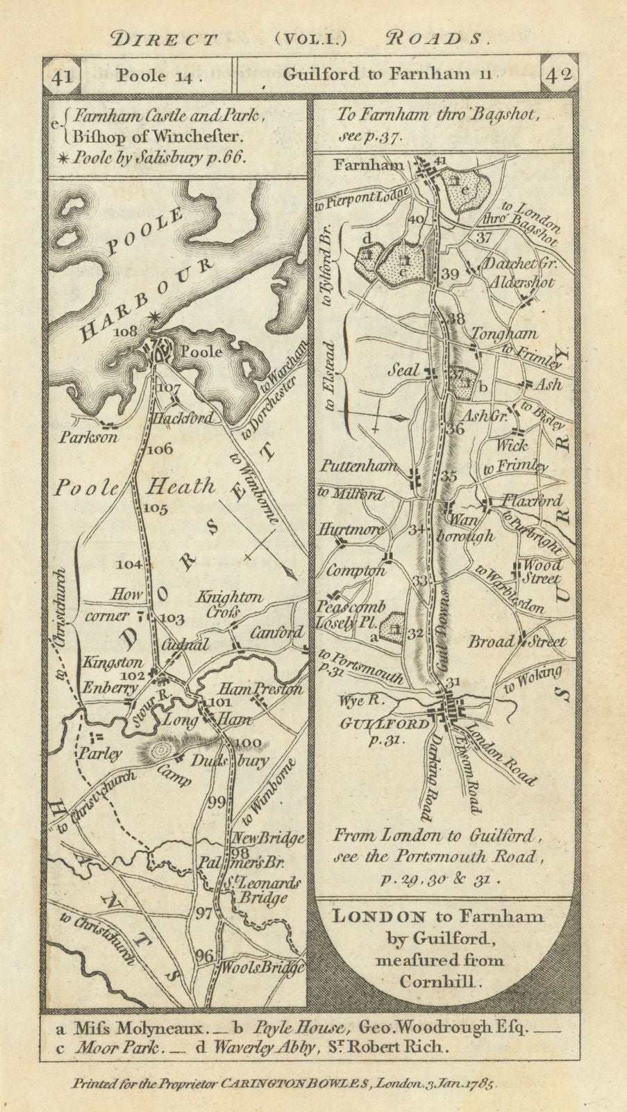St Leonards - Poole. Guildford - Farnham road strip map PATERSON 1785 old